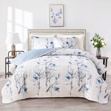 Botanical Quilt Set Queen Full - Blue Flower Branch on White 3pc 90x90 Reversibl