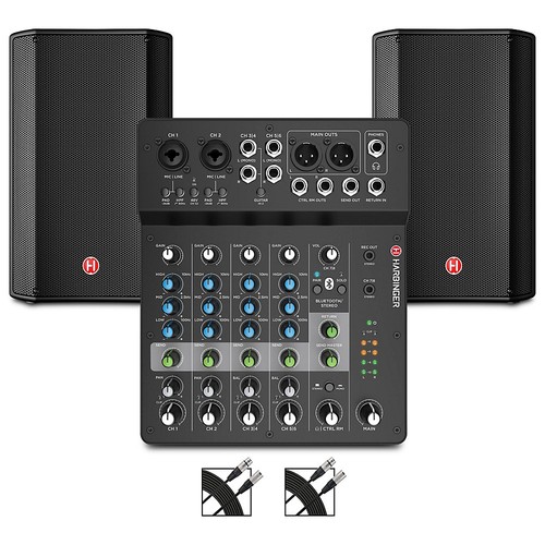 Harbinger VARI V1112 12" Powered Speakers Package With LV8 Mixer and Cables