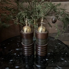 Vintage Wood And Brass Salt And Pepper Shaker And Grinder