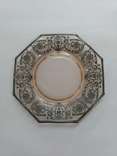 Vintage Sterling Silver Overlay Pink Depression Glass Saucer Plate 6"