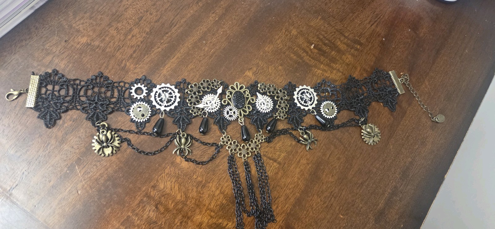 Steampunk Black Lace Choker Necklace Adjustable Gear Pendant Statement