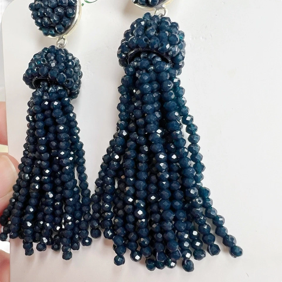 J Crew Navy Blue Faceted Mini Beaded Tassel Pierced Earrings 3” Long Glam Glitz - Image 3 of 4