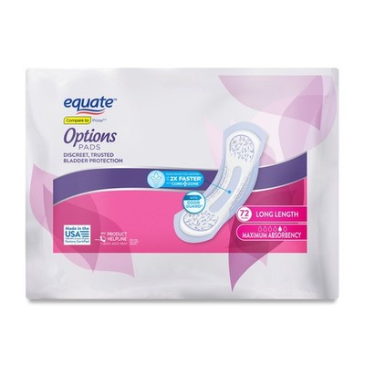 Equate Options Women's Incontinence Pads, Max Absorb Long 72ct,Compare to Poise 
