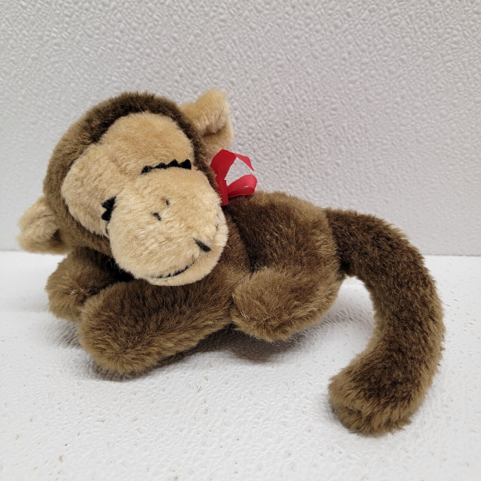Vintage 1977 Russ Sidney Sleeping Brown Monkey Plush Red Ribbon 6"