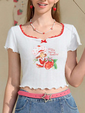 Women's Strawberry Shortcake White Scoop Neck Graphic Cute Tee Shirt Crop Top