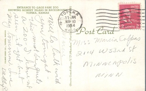 Tarjeta postal de entrada Gage Park Zoo Monkey Island en fondo Topeka Kansas 1954 - Imagen 2 de 2