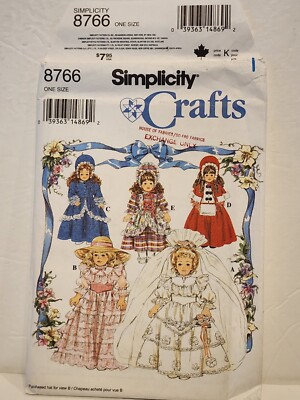 Simplicity 8766 Crafts Doll Dress Sewing Pattern Uncut 1993 16'' 18'' Wedding
