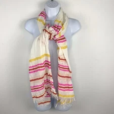 Womens Rectangle Scarf Wrap White Pink Yellow Striped Fringe Lightweight