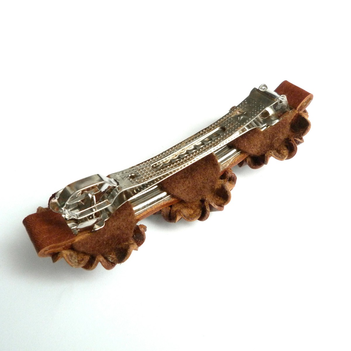 Pince à Cheveux Barrette Ethnique - 3 Fleurs En Cuir Rouge, Marron, Bronze