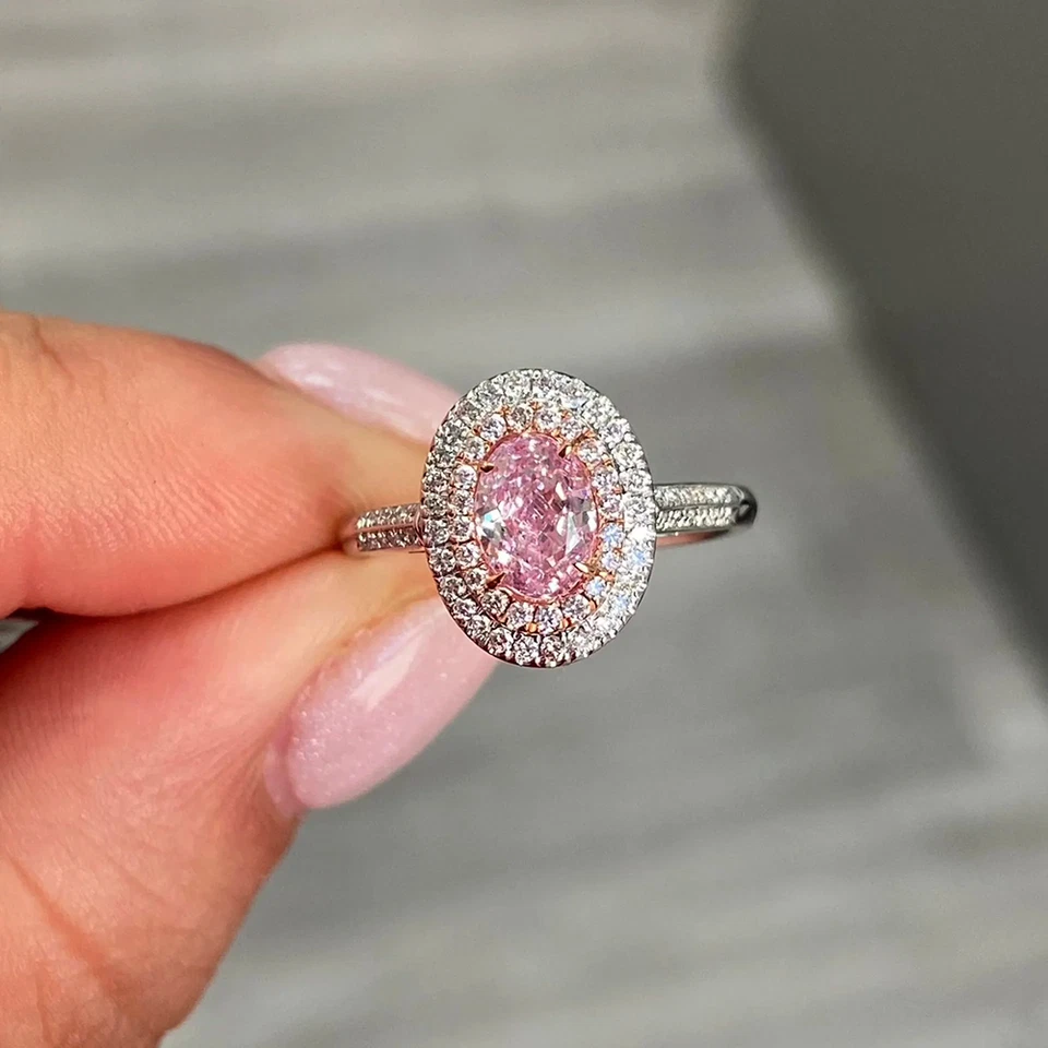 Anillo de Diamantes IGI Elegante Rosa Intenso Ovalado 1.68 Ct Cultivado en Laboratorio Oro Blanco 14K Talla 6 Foto 3 de 4