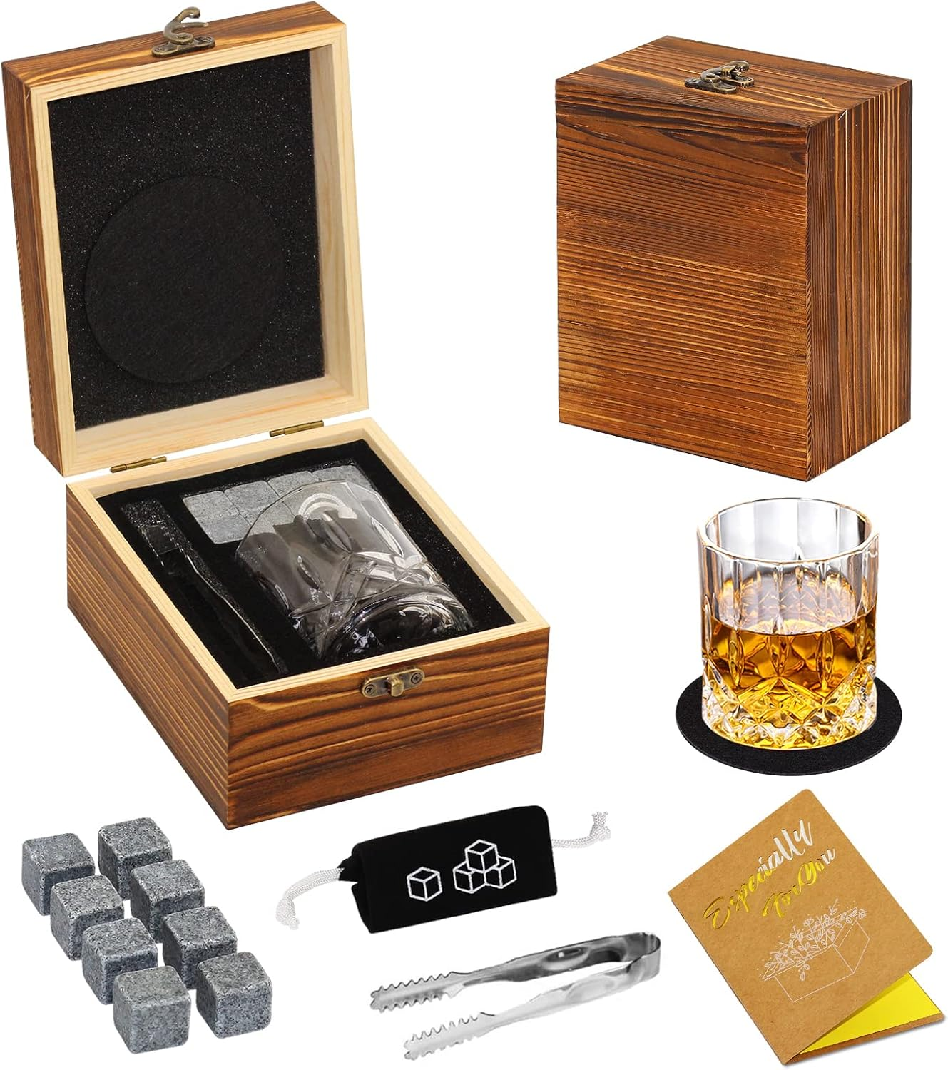 Whiskey Stones Gift Set with 8 Natural Stones and Crystal Glass