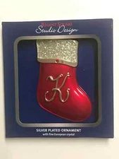 Studio Design Regent Square "K" Initial Enamel Christmas Ornament Fine Crystal 