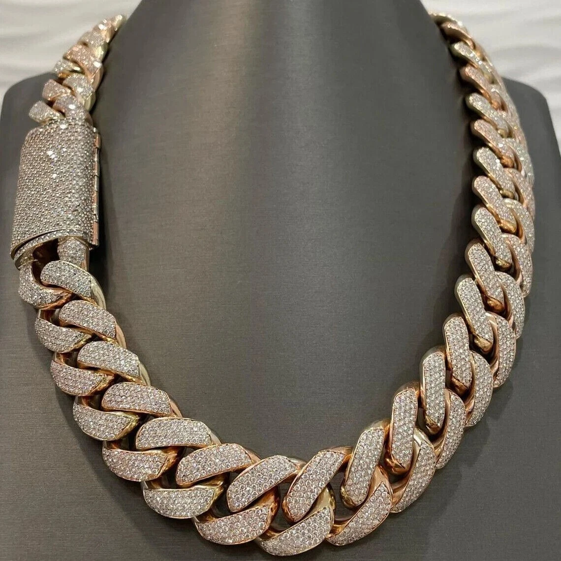 Real Moissanite Round Cut 18 MM Cuban Link Chain Men 14K Rose Gold Plated Silver