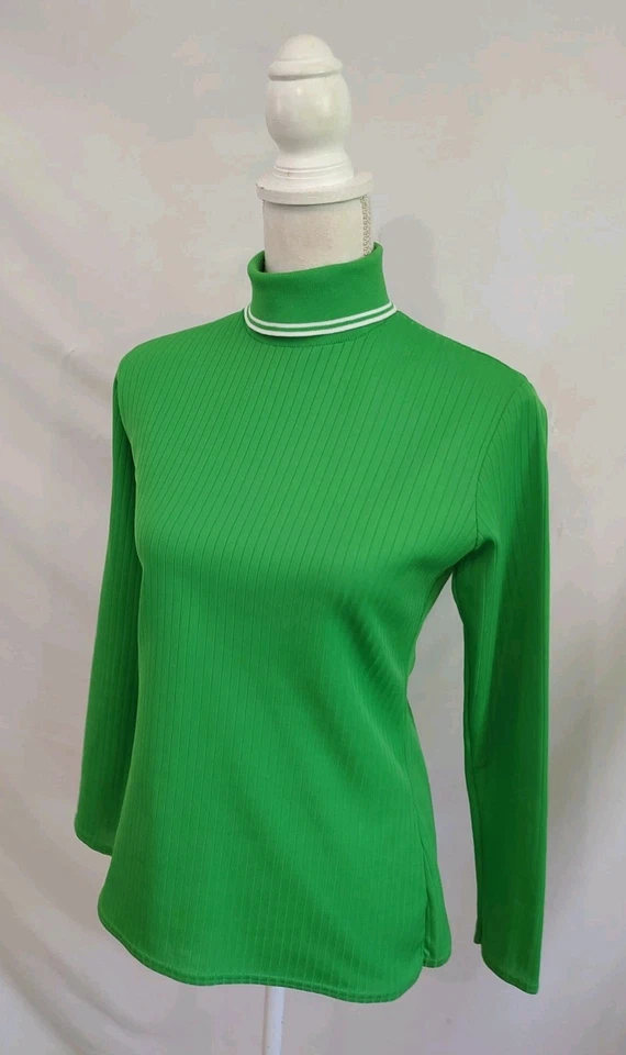 Top Cuello Alto Vintage Años 60 70 Verde Brillante Poli Cuello Rayas Acanalado Cremallera Espalda M Foto 4 de 4