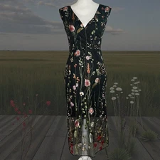 Promesa Black Womens Small Embroidered Floral Dress Boho Cottage Formal Romantic