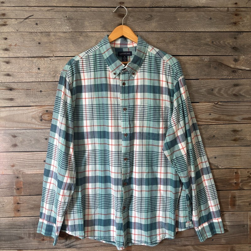 Lands' End Traditional Fit Retro Green Plaid Button Down Shirt - Size 17-17.5