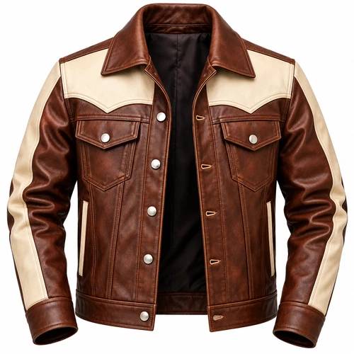 Mens Lambskin Leather Trucker Jacket Brown Cream Western Cowboy Vintage Coat image 2