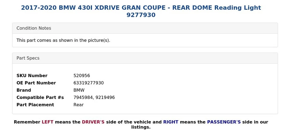 BMW 430I XDRIVE GRAN CUPÉ 2017-2020 - luz de lectura cúpula trasera 9277930 Foto 4 de 4