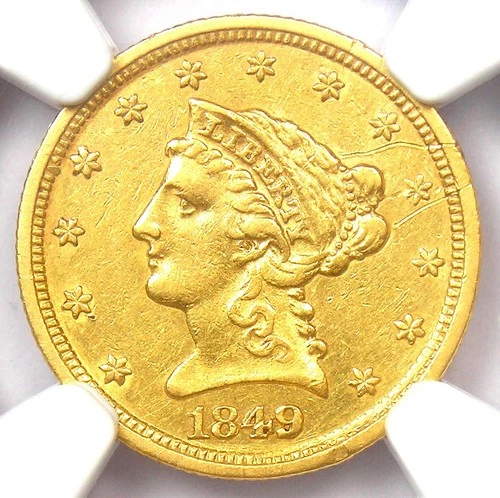 1849 Liberty Gold Quarter Eagle $2.50 Coin. Certified NGC AU Detail. Rare Date!