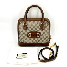 Gucci Horsebit 1955 Beige Ebony GG Canvas Shell Top Handle Bag