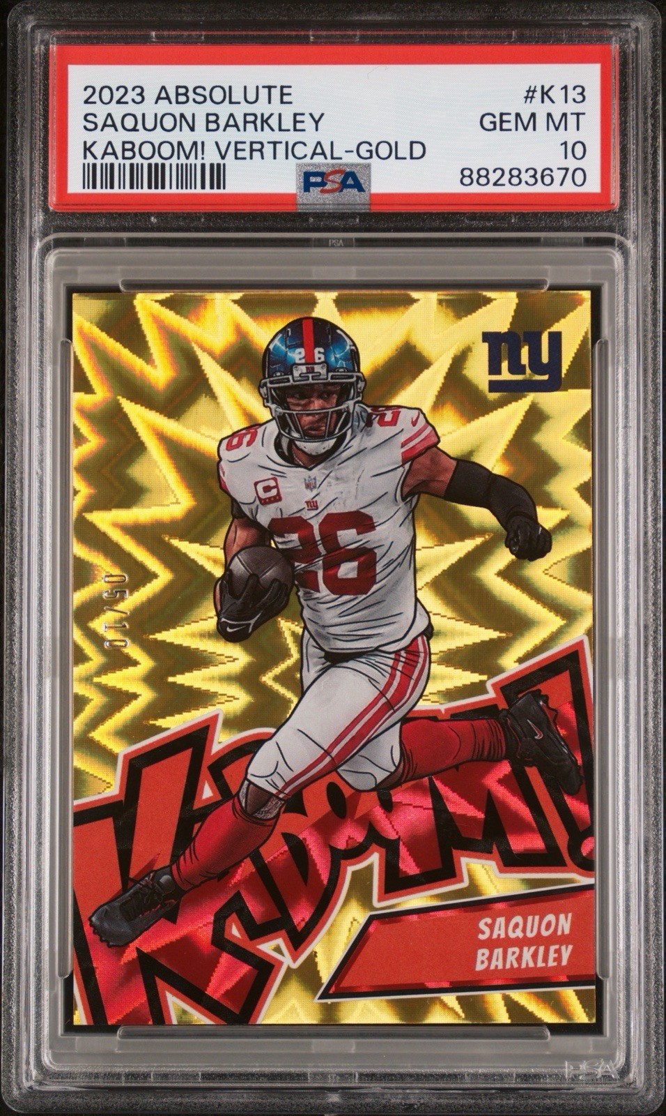 2023 PANINI ABSOLUTE SAQUON BARKLEY VERTICAL GOLD KABOOM /10 PSA 10 #K13