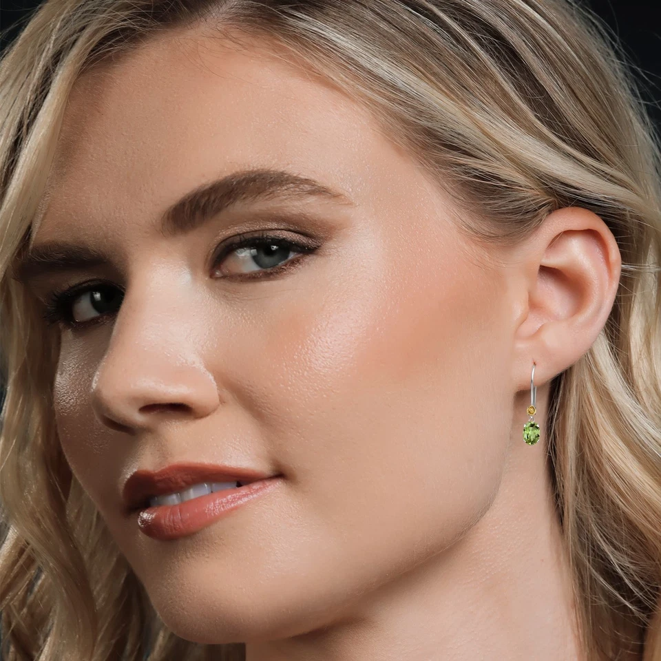 Fio pendurado em ouro branco 14K formato 6X4MM peridoto e forma 2,5MM citrino francês - Imagem 4 de 4