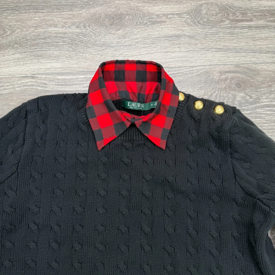 Suéter feminino Ralph Lauren pequeno preto malha de cabo búfalo xadrez botões dourados - Imagem 2 de 4