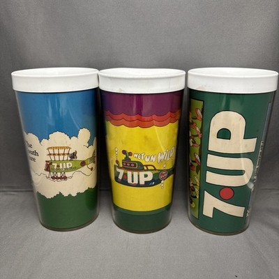 Lot Of 3 Vintage 1970 s 7-up Soda Thermo Serv Cups Beatles Yellow Submarine Rare