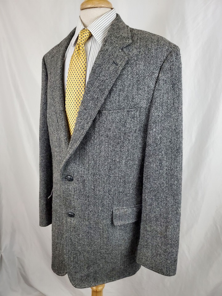 Jos A Bank Harris Tweed Sport Coat Jacket 46XL Gray Black Herringbone ...