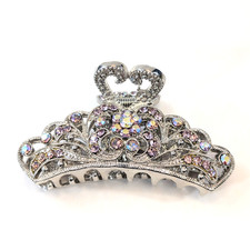 Silver Tone Filigree Hair Claw Clip Pink AB Crystals Floral Vintage Style