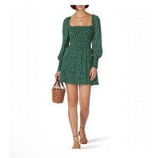 Reformation Green Floral Smocked Long Sleeve Mini Dress Square Neck