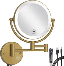 Wall Mounted Lighted Makeup Mirror with Magnification 5X, Rechargeable Bathroom