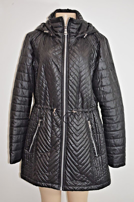 New Karl Lagerfeld Black Quilted Rain Coat Size Large On Sale
