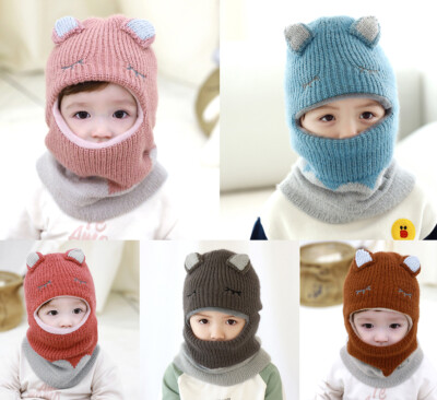 NEW Winter Cute Fleece Knitted Balaclava Kids Boy Girl Face Cover Mask Hat Scarf