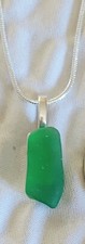 Green sleek sliming Genuine Sea Glass pendant 18" silver chain necklace