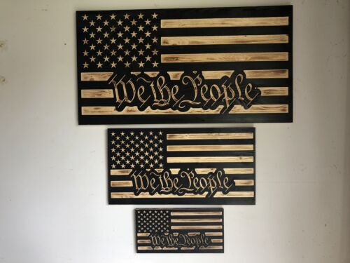 15” Handmade US WE THE PEOPLE American Wooden Torched Wood Rustic Primitive Flag - 第 2/2 張圖片