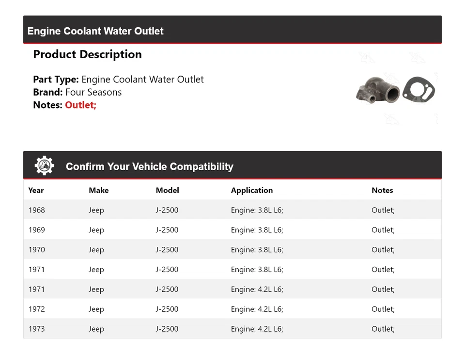 Salida de agua refrigerante motor Jeep J-2500 1968-1973 4 estaciones 1969 1970 1971 Foto 2 de 4