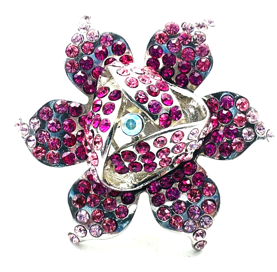 Pink Rhinestone Flower Statement Ring Silver Tone… - image 1