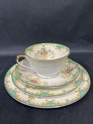 1930s Noritake Tiffany M Teacup Saucer Plate 4 Pc Set Gold Trim Ivory Aqua Beige