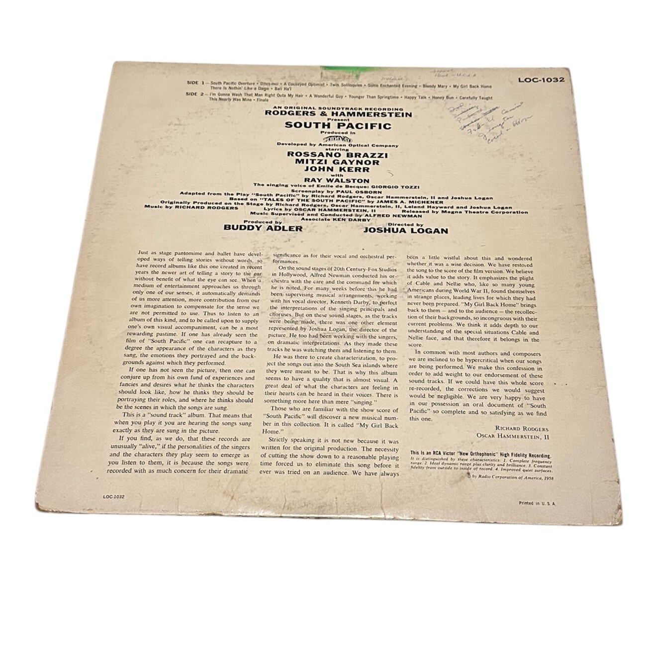 Rodgers Hammerstein South Pacific LP Vinyl RCA Victor Records LOC 1032 ...