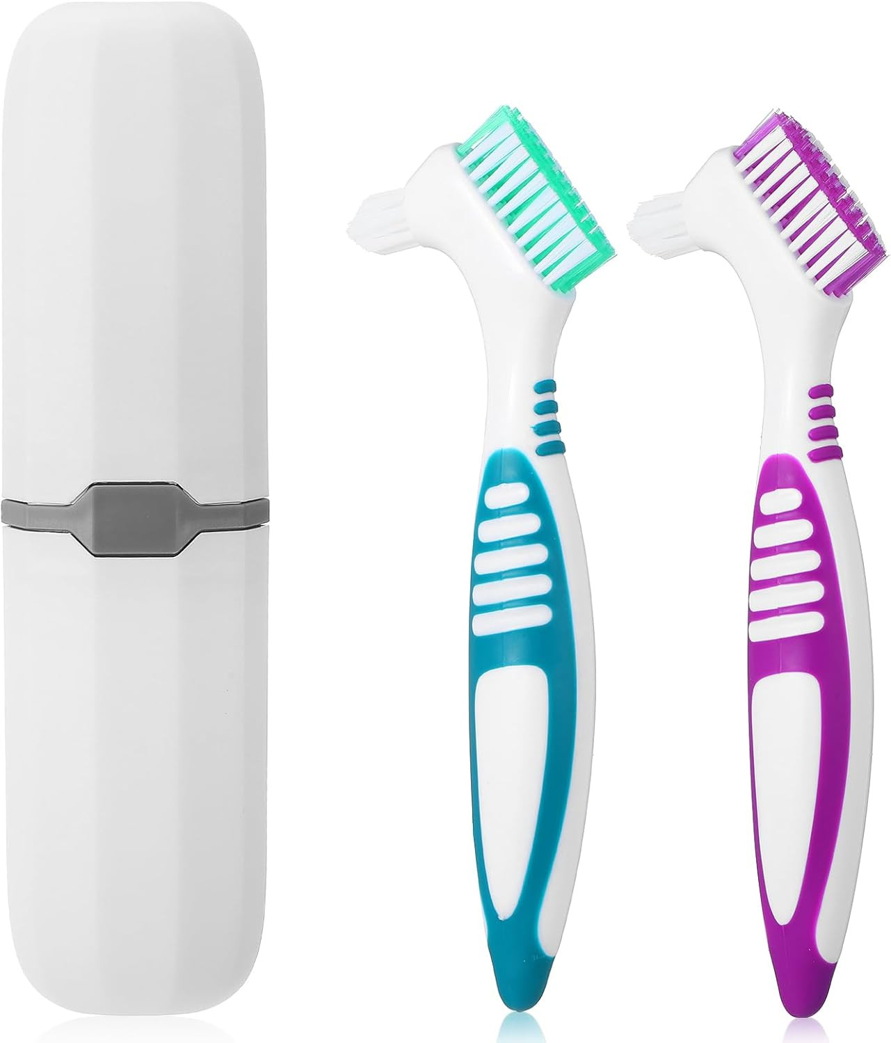 2Pcs Denture Brush, Denture Cleaning Brush Set with White Carrying Case Dentu...