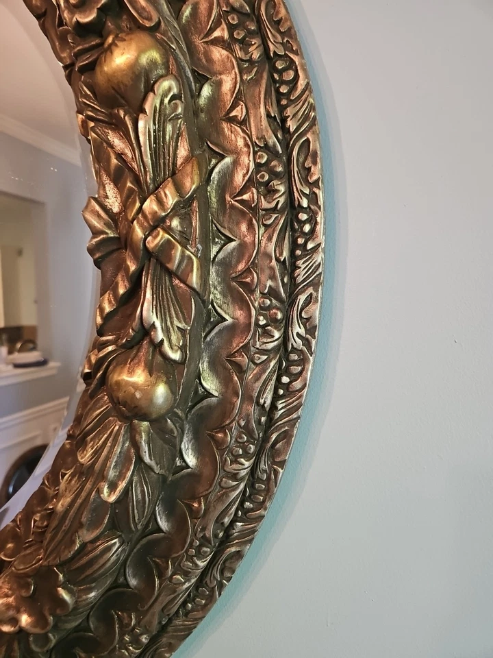 90's Italian Style Round Resin Bevelled Mirror With Nuts & Flowers Gold - Image 4 of 4