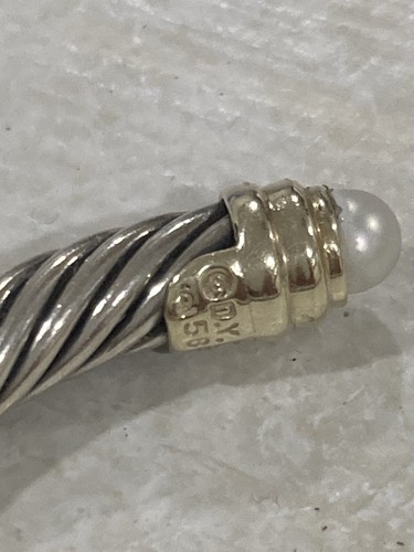 David Yurman Sterling Silver 4mm Pearl & 14k Gold Cable Cuff Bracelet - Picture 4 of 5