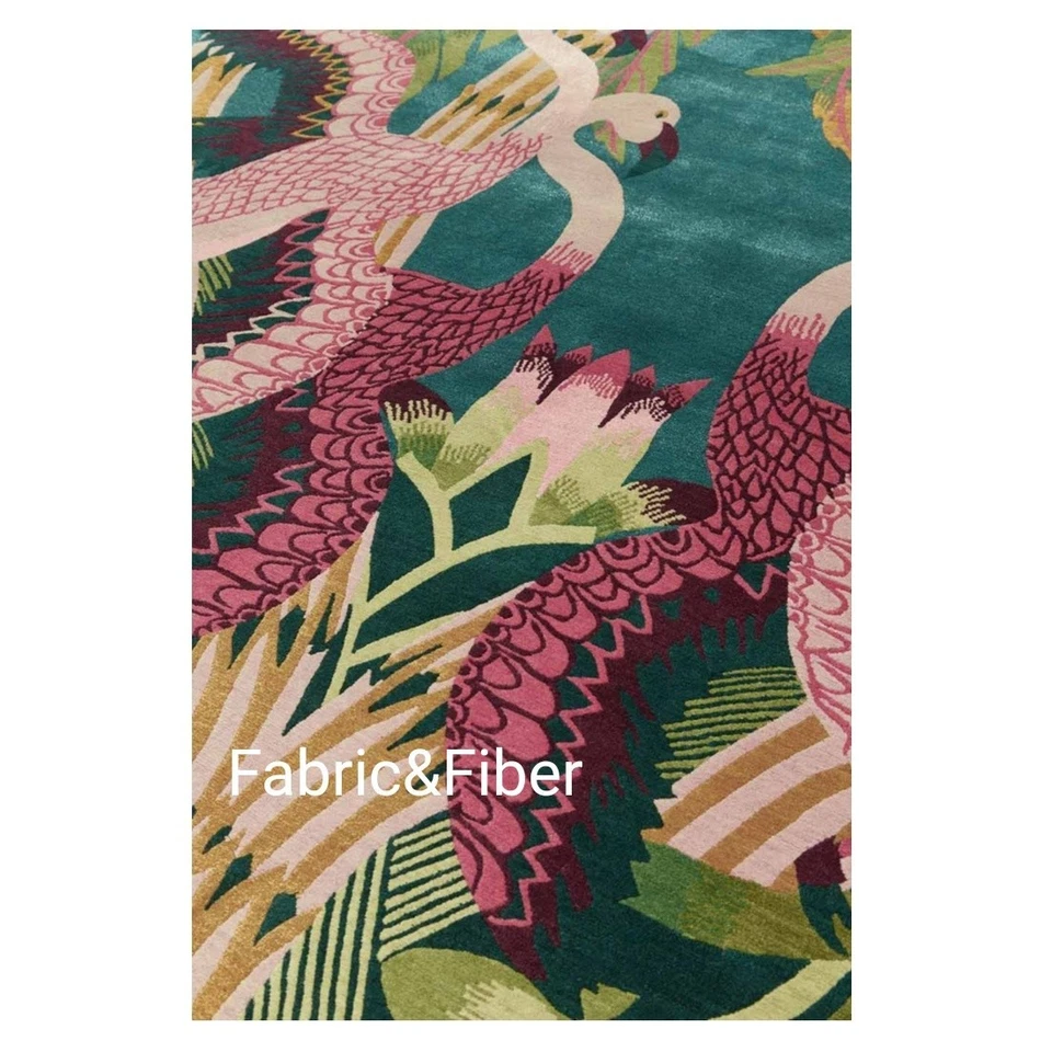 Alfombra de lana hecha a mano de lujo Flamboyance - Diseño de flamenco tropical | Verde y rosa A Foto 2 de 3