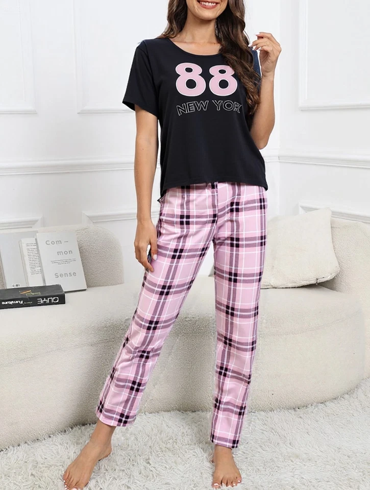 Conjunto de pijama para damas estampado a cuadros cuello redondo botones ropa de dormir conjunto de salón S a XXL Foto 3 de 4