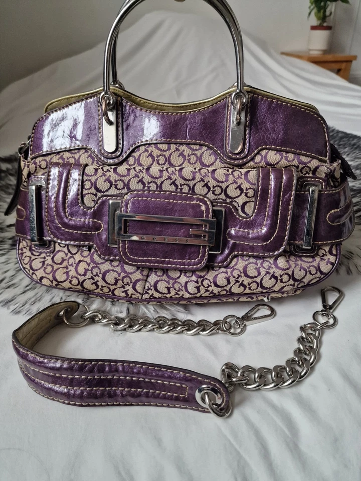 Rare Purple Beige Guess hand bag monogram y2k vtg buckle shoulder strap💜vintage - Image 4 of 4