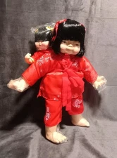 Pair Of Adorable Asian Dolls With Carrier/ Onbuhimo/Meh Dai 1980s Red Kimono