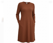 Kikibell Women’s Knit Sweater Dress Size L NEW Ribbed Button Side Pockets Brown