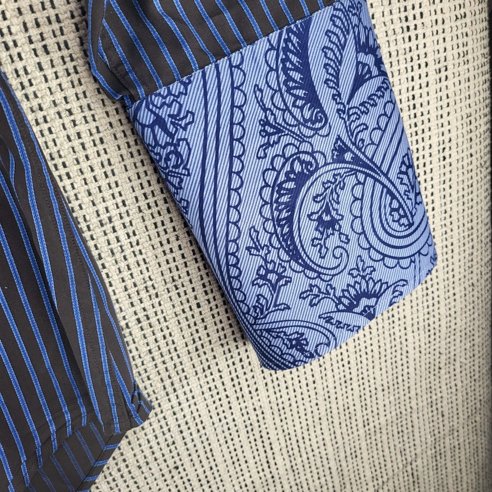 Thomas Dean Shirt Mens Large Blue Stripe Paisley Trim Long Sleeve Cotton Dress - Image 2 of 4