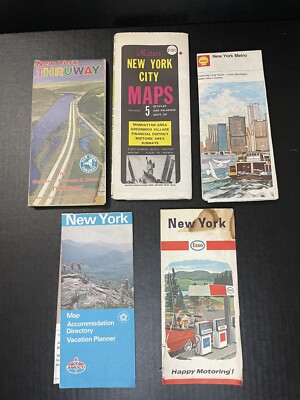 5 Vtg. Maps New York City & NY State 1966-1976 Ephemera ESSO, SHELL, AMOCO Metro